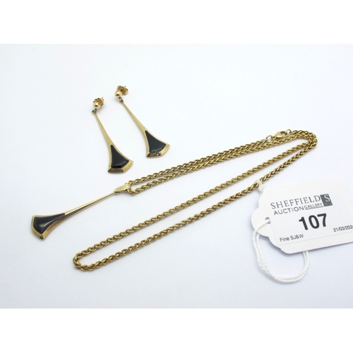 107 - A Modern 9ct Gold Whitby Jet Pendant, of Modernist style rubover set, on a 9ct gold chain; Together ... 