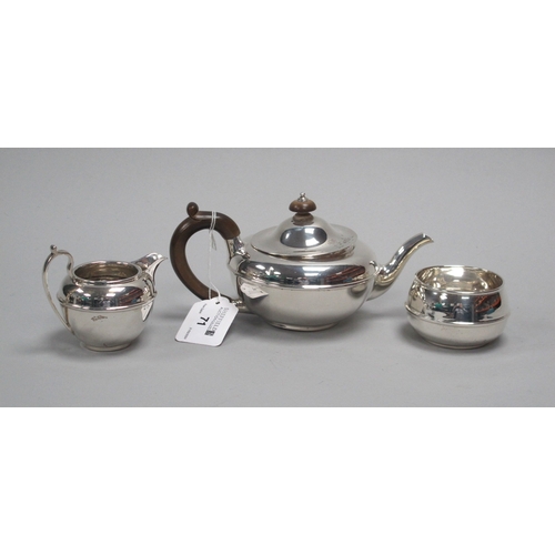 71 - A Hallmarked Silver Three Piece Bachelor's Tea Set, C&R C, London 1921, each of plain circular form,... 