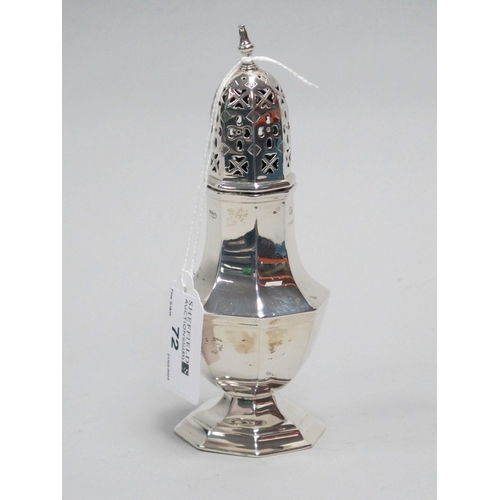 72 - A Hallmarked Silver Sugar Caster, Barker Bros, Birmingham 1936 (marks rubbed), 15.6cm high (100grams... 