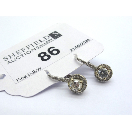 86 - A Pair of Modern 18ct White Gold Diamond Set Earrings, each brilliant cut stone within diamond halo,... 