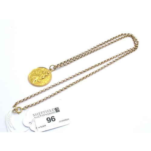 96 - A St. Christopher Disc Pendant, detailed in relief, on a belcher link chain.