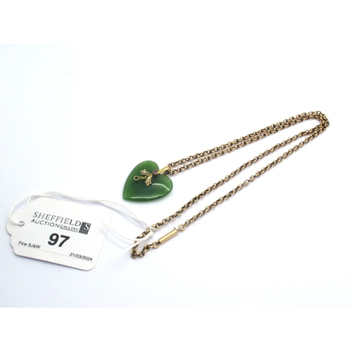 97 - A Vintage Heart Shape Jade Pendant, with a Chester Hallmarked 9ct gold inset surmount, on belcher li... 