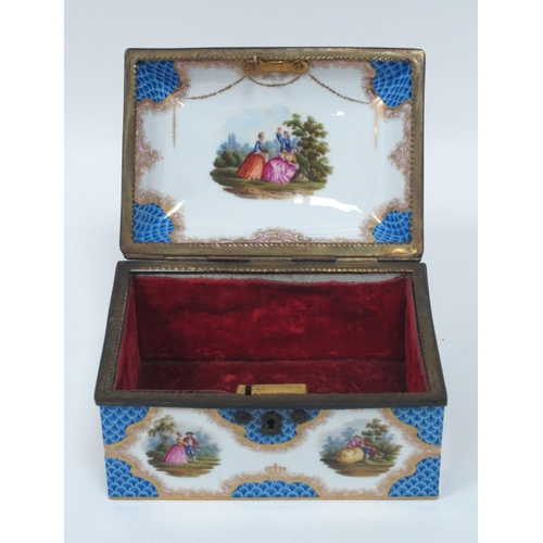 1054 - A Continental Porcelain Trinket Box and Hinged Cover (detached), of square form, painted in panels w... 