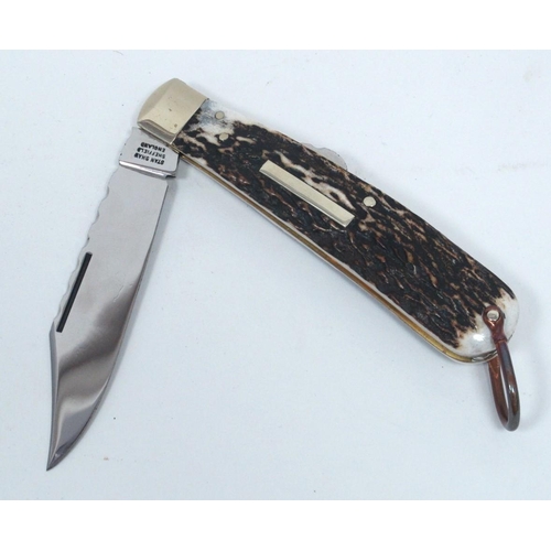 1320 - Stan Shaw; Lock Knife, stag scales, single nickel silver bolster, lanyard ring, brass worked linings... 