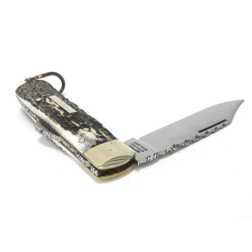 1320 - Stan Shaw; Lock Knife, stag scales, single nickel silver bolster, lanyard ring, brass worked linings... 