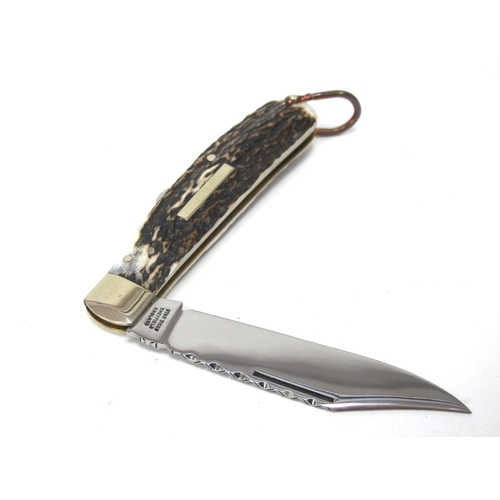 1320 - Stan Shaw; Lock Knife, stag scales, single nickel silver bolster, lanyard ring, brass worked linings... 