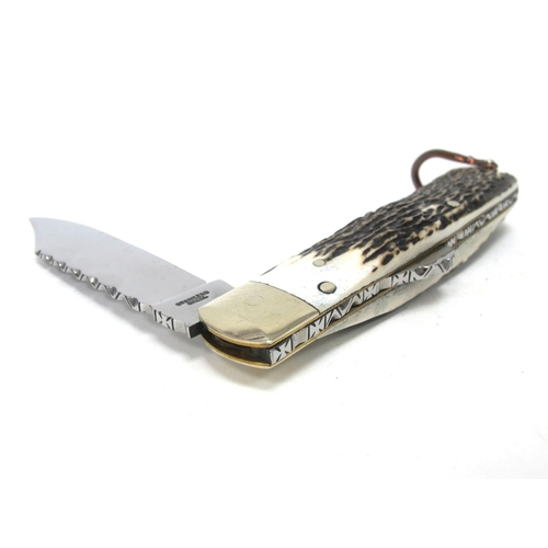 1320 - Stan Shaw; Lock Knife, stag scales, single nickel silver bolster, lanyard ring, brass worked linings... 