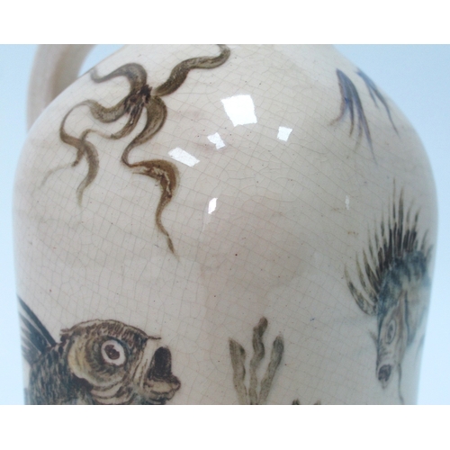 1086 - A Martin Brothers Pottery Jug, of shaped square form, painted with stylised fish and aquatic creatur... 