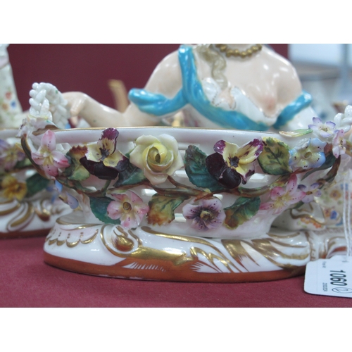 1060 - A Pair of John Bevington Porcelain Pierced Sweetmeat Dishes, each supported by a recumbent lady and ... 