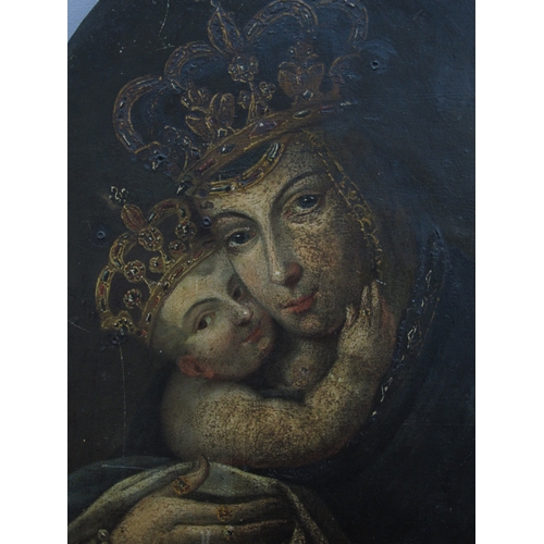 1227 - SPANISH SCHOOL (Possibly XVII Century) 
Virgin and Child, wearing jewelled crowns, oil on copper wit... 