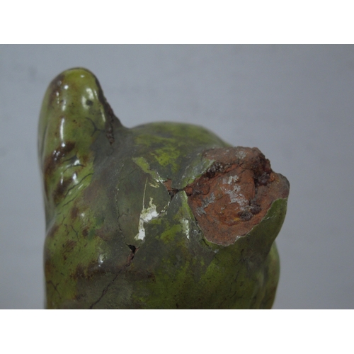 1082 - A Jones, Bridgend Pottery Green Glazed Model of a Cat, inscribed to the chest 