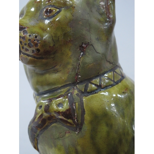 1082 - A Jones, Bridgend Pottery Green Glazed Model of a Cat, inscribed to the chest 