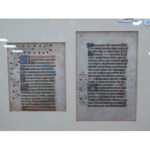 1344 - Two Pages of an Illuminated Manuscript on Vellum, 17 x 11cm and 13 x 10.5cm, framed together and a f... 