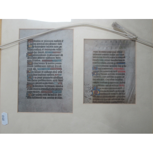 1344 - Two Pages of an Illuminated Manuscript on Vellum, 17 x 11cm and 13 x 10.5cm, framed together and a f... 