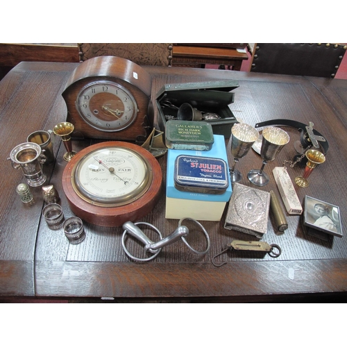 1005 - Short & Mason Barometer, mantle clock, horn beaker, cutlery, brass bell, metalware:- One Box.