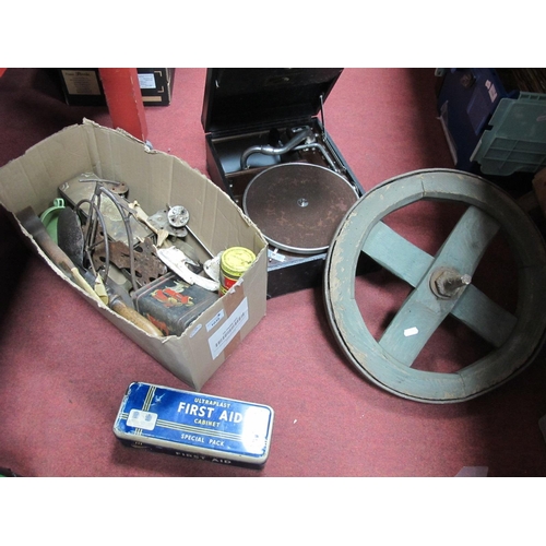 1035 - HMV 78prm Record Player, old cart wheel, box of items including sheep shears, tins etc.