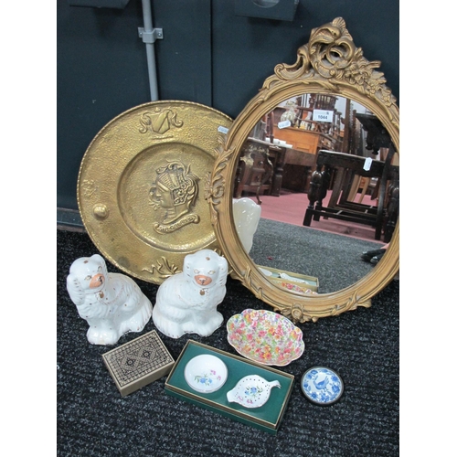 1044 - Gilded Wall Mirror, pair of XIX Century Staffordshire dogs, brass wall plate, etc:- One Box.