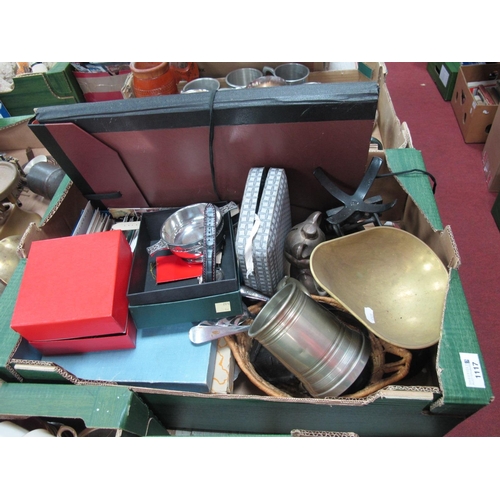 1117 - Scales and Weights, cutlery, watches, postcards, folio of prints, tankard, etc:- One Box