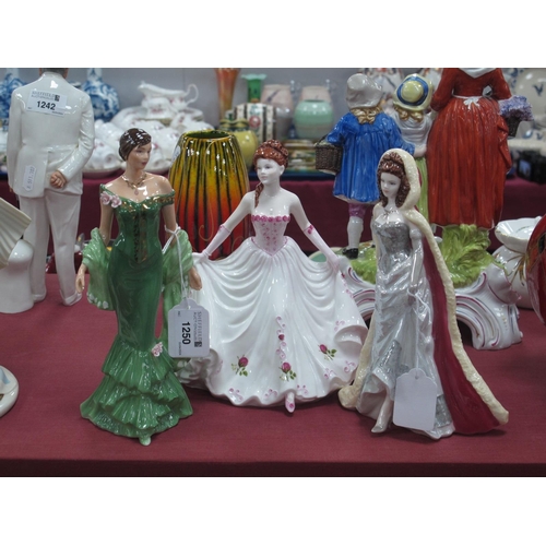 1250 - Coalport Figurines - 'Christmas Ball' 21.5cm high, 'Jade' and unnamed in white and pink floral dress... 