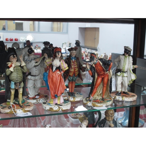 1269 - Capodimonte Masked Figurines, including Pantaloon Pantalone, Pierrot mandolin player, each on stone ... 