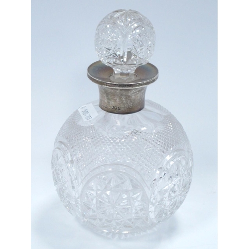 1282 - Cut Glass Globular Scent Bottle with Silver Neck, complete with stopper, 17cm high overall.