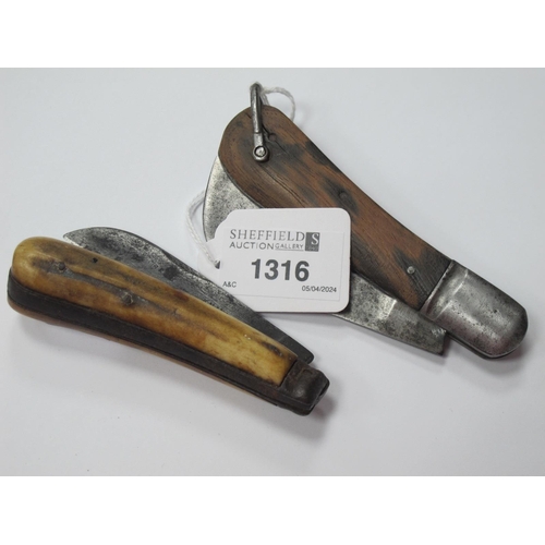 1316 - Taylor of Sheffield Horn Handled Pruning Knife, loose snap shut, 17.5cm open, another Sheffield exam... 