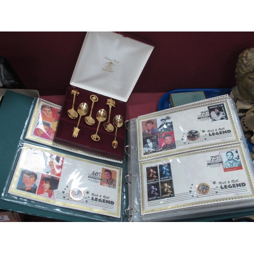 1424 - Elvis Presley Commemorative Stamp/Coin 1covers, in an album. six spoons in a case.