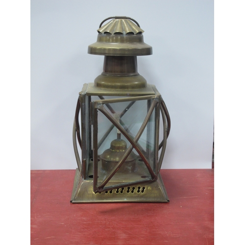 1064 - Two Oil Lamps, carry lamp, pair of brass wall lights of curved form 31.5cm wide. Avia wall clock:- O... 