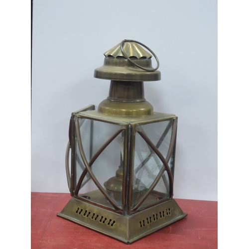 1064 - Two Oil Lamps, carry lamp, pair of brass wall lights of curved form 31.5cm wide. Avia wall clock:- O... 