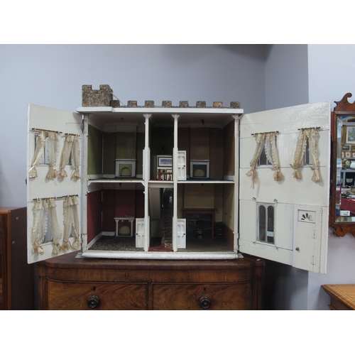 1619 - Dolls House, with a turret top, facade and side, with pebble dash, arched windows, interior with a V... 