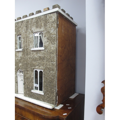 1619 - Dolls House, with a turret top, facade and side, with pebble dash, arched windows, interior with a V... 