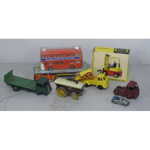 456 - Dinky toys No 404 Conveyancer Fork Lift, boxed, No 29 Atlantean City Bus, carded, plus associated it... 