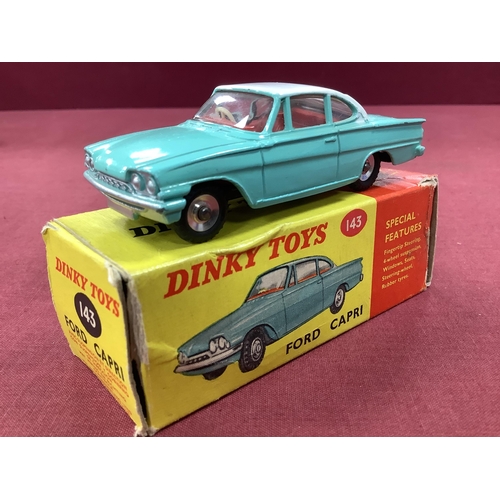 649 - Dinky Toys No 143 Ford Capri, white roof/turquoise, overall very good, one or two chips on raised ed... 