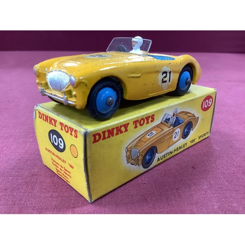 652 - Dinky Toys No 109 Austin Healey100 Sports yellow, overall good plus, some rubbing to transfers and c... 