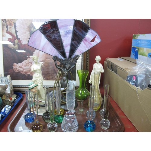 1009 - Art Deco Style Table Lamp, resin figures, bud vases, table lighter:- One Tray.