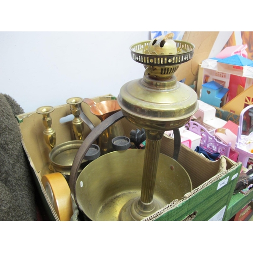 1040 - XIX Century Brass Jam Pan, pair of brass candlesticks, copper jug, brass door stop:- One Box.