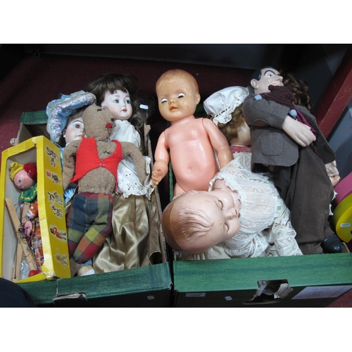 1049 - Dolls - Three pot headed, celluloid Ok Kader, rubber, Mr Bean, Pelham puppet, etc:- Two Boxes.