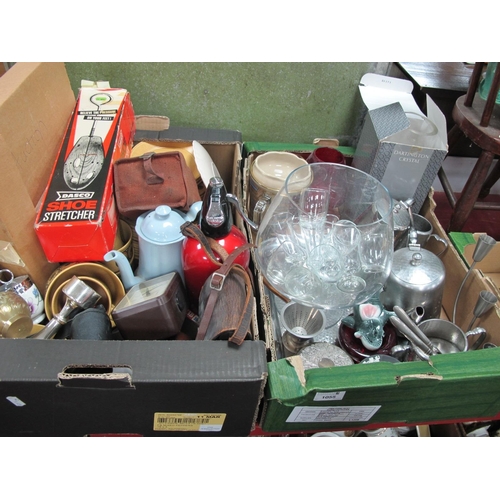 1055 - Cameras, shoe stretcher, soda syphon, Old Hall tea set, dinnerware, glassware, etc:- Two Boxes