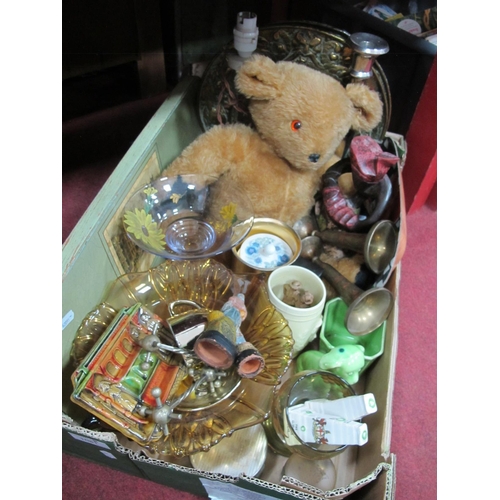 1081 - Teddy Bear, amber glass bowl, crested cenotaphs, figures, lamp, brass plaques, etc:- One Box.