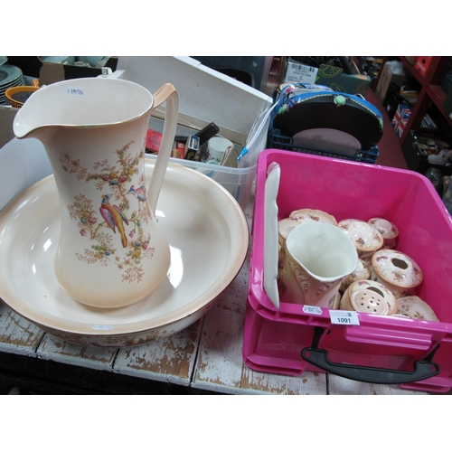 1091 - Crown Ducal Blush Ivory Wash Bowl and Jug, (cracked), trinket set, similar Devon ware.