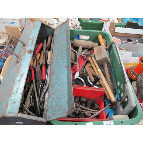 1098 - Files, spanners, clamps, tack hammer and other tools:- One Box and metal carry box (2).