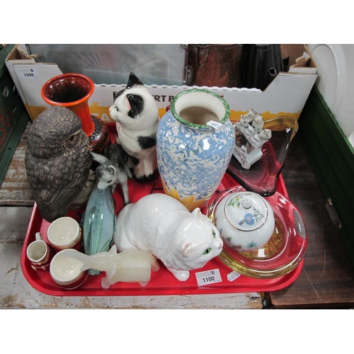 1100 - B. Linley - Adams, Poole pottery owl, Sylvac pottery cat, glass fish, etc:- One Tray.