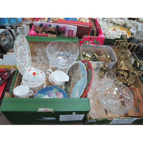 1101 - Brass Ware, canasta set, glassware, Colclough tea set, Wedgwood collectors plates, etc:- Two Boxes.