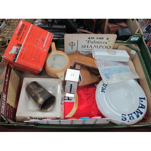 1102 - Two Advertising Ashtrays, 'Palmyra' and 'Osmaline' card signs, tin, horn beaker, petite scale etc:- ... 