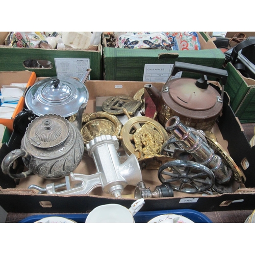 1106 - Potter's Steel Ware Enamelled Kettle, lion mask door knocker, mincer teapots, etc:- One Box.