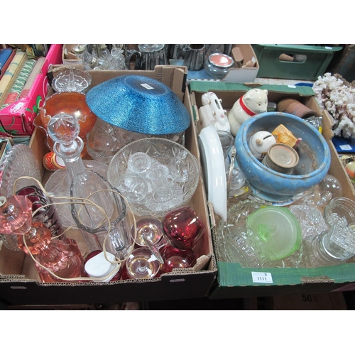 1111 - Cut and Pressed Glassware, carnival glass, pottery money boxes, etc:- Two Boxes