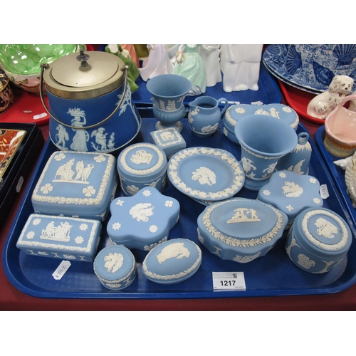 1217 - Wedgwood Jasperware Biscuit Barrel, with plated lid and a collection of assorted trinkets:- One Tray... 