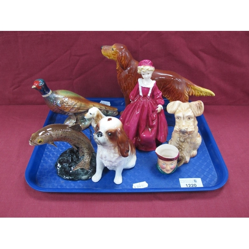 1220 - Beswick Trout, impressed No 1390, 10cm high, Sylvac dogs, Royal Worcester figurine 'Grandmothers Dre... 