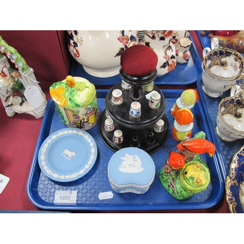 1223 - Royal Crown Derby Thimbles, (13) on ebonized display stand, Japanese condiments, Wedgwood:- One Tray