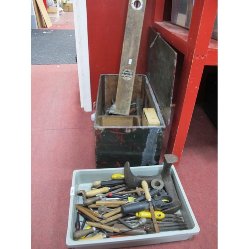 1030 - Spanners, soldering iron, chisels, cobblers last, spirit level etc, in wooden tool box and plastic b... 